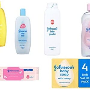 Johnson’s Baby Care Set 6 Pieces includes Baby Shampoo - Baby Oil -Baby Powder - Baby Bath - 56 All Over Baby Wipes & Pack of 4 Johnson's Baby Soap with Honey