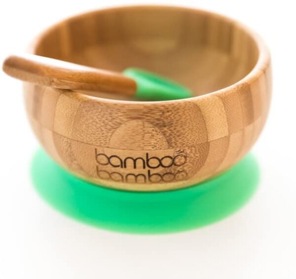 Baby Suction Bowl and Matching Spoon Set, Suction Stay Put Feeding Bowl, Natural Bamboo (Green)
