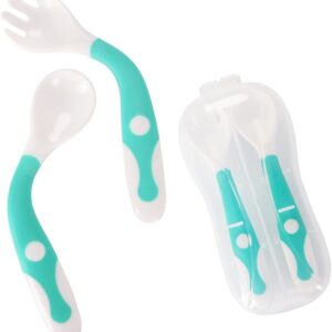 Baby Utensils Spoon Fork Set with Travel Safe Case Toddler Babies Children Feeding Training Spoon Easy Grip Heat-Resistant Bendable Soft Perfect Self Feeding Learning Spoons (Set of 2)