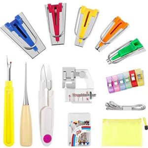 Latest 2020 Bias Tape Binding Maker Set, 18 Type of Sewing Tool, Sewing Quilting Fabric Machine Accessories with 6 Clips Drawing Pins, Awl, Presser Foot, Scissors Seam Ripper, Tape Measure