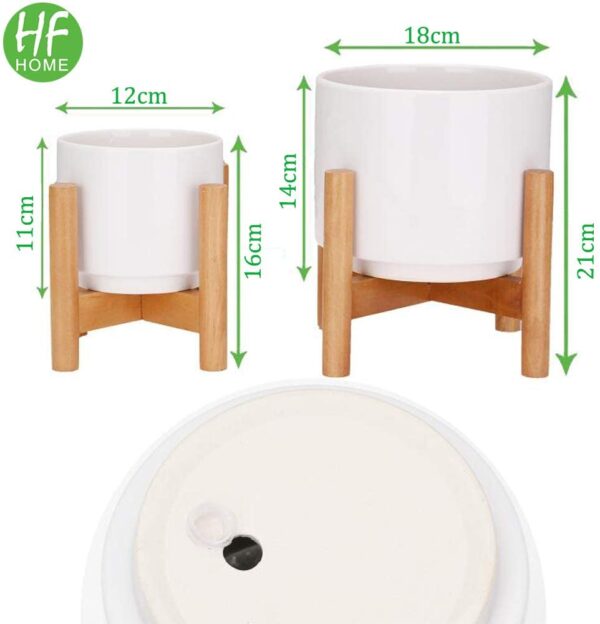 HFHOME Set of 2 Mid-Century Modern Ceramic Plant Stand with 18cm & 12cm Diameter Plant Pots Indoor, Round White Standing Planters with Drainage and Plug, Outdoor White Garden Cactus Planters