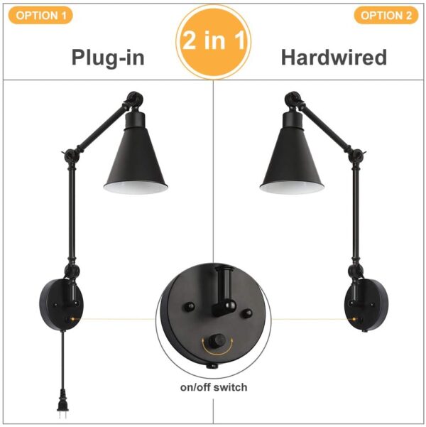 Wall Lights Sconce Swing Arm Retro Industrial Wall Light Fixtures Lamp Shade Set of 2, Dimmable Lamp Metal E27 for Home Decor Loft Coffee Bar - Black (Bulb Not Included)