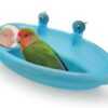 Bird Bath Tub Bowl Basin Hanging Birdbath Toy Pet Parrot Budgie Parakeet Cockatiel Cage Water Shower Food Feeder With Mirror (Blue)