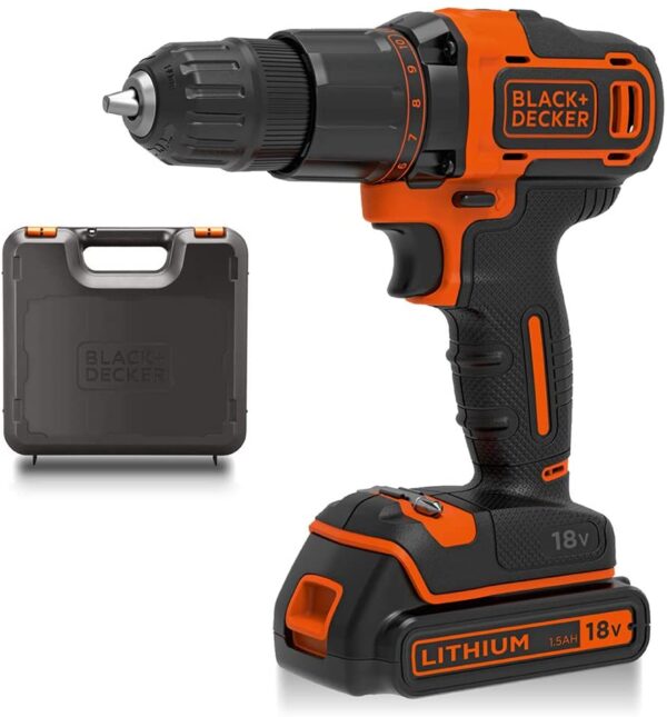 BLACK+DECKER 18 V Cordless 2-Gear Combi Drill with Kitbox and 1.5 Ah Lithium Ion Battery