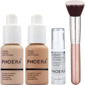 PHOERA 30ml Foundation Liquid Full Coverage 24HR Matte Oil Control Concealer (Nude & Buff Beige) with 6ml Makeup Face Primer & Kabuki Foundation Brush Flat Top