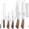 Velaze Block Sets, 8-Piece Stainless Steel Kitchen Knife Sets with Sharpener and Spinning Block - Brown Color