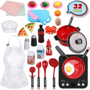 Anpro 32Pcs Kitchen Set,Toy Kitchen Accessories Pretend Play with Simulation Induction Cooker,Pots and Pans,Detachable Fruits Vegetables etc,Great Learning Gift for Toddlers Baby Girls Boys