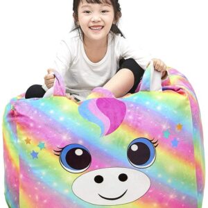 Basumee Unicorn Stuffed Animal Storage Bean Bag Chair Cover 61x61cm Large Super Soft Warm Fleece Unicorn Beanbag Cover