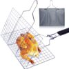 Uong Barbecue Grilling Basket, Portable Stainless Steel Grill Basket Folding BBQ Grill Net BBQ Accessories with Wooden Handle for Roast Fish Vegetable Shrimp Seafood (32 * 32CM)