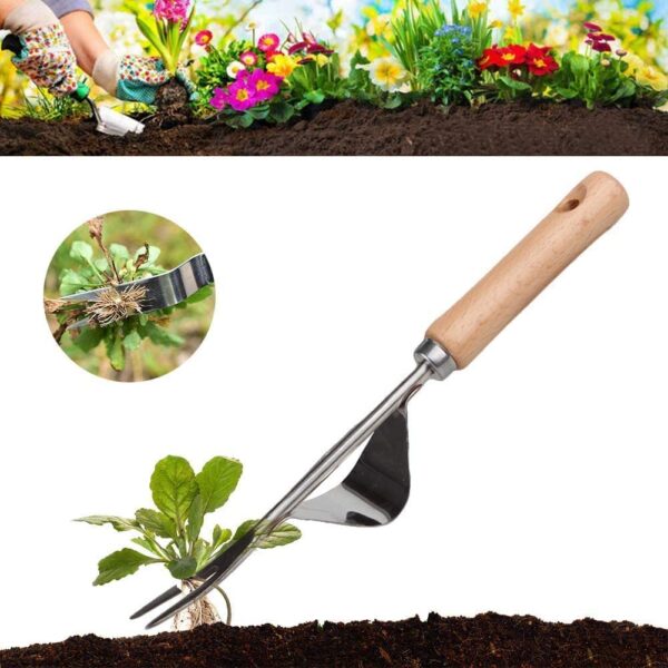 Manual Weeder Tool, Stainless Manual Weed Puller Bend-Proof with Smooth Natural Wood Handle, Premium Hand Weeding Tools for Garden