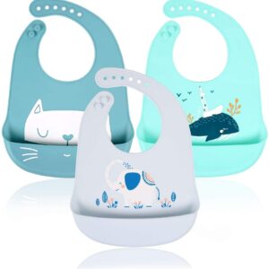 3pcs Baby Bibs Waterproof Silicone Feeding Bibs for Babies and Toddlers Unisex Super Soft High Quality and Easily Wipe Clean with Wide Food Crumb Catcher Pocket (Set of 3 Colours)