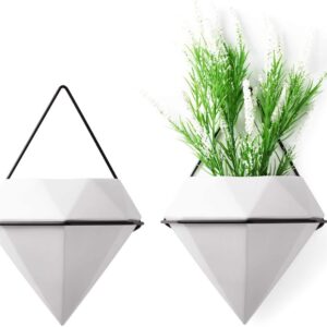 T4U Diamond Wall Planters Geometric Wall Vases Set of 2, Ceramic Mounted Succulent Air Plants Pots Cactus Faux Plant Containers White Modern Indoor Decor for Home and Office