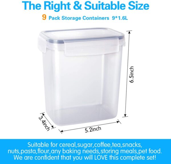 Airtight Food Storage Containers 9 Pieces 1.5qt / 1.6L- Plastic PBA Free Kitchen Pantry Storage Containers for Sugar, Flour and Baking Supplies - Dishwasher Safe