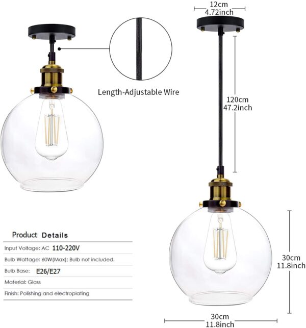 Frideko Vintage Industrial Ball Glass Lampshade Ceiling Pendant Light for Home Office Bedroom Coffee Shop (ø30CM)