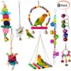 ESRISE 8 Pcs Bird Parrot Toys, Hanging Bell Pet Bird Cage Hammock Swing Toy Wooden Perch Mirror Chewing Toy for Small Parrots, Conures, Love Birds, Small Parakeets Cockatiels, Macaws (Muliti-A)