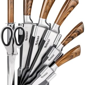 Velaze Block Sets, 8-Piece Stainless Steel Kitchen Knife Sets with Sharpener and Spinning Block - Brown Color