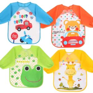 Vicloon Bibs with Sleeves,4 Pcs Waterproof Long Sleeve Bib Unisex Feeding Bibs Apron for Infant Toddler 6 Months to 3 Years Old