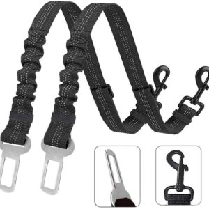 XIRGS Dog Seat Belt, 2PCS Adjustable Safety Belt in Car Vehicle, Elastic Bungee Dog Car Seatbelt, Metal Buckle Buffered Reflective Nylon Belt Tether Connected to Pet harness leashes Car(Black)