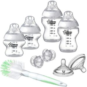 Tommee Tippee Closer to Nature Newborn Baby Bottle Starter Set, Clear, 2 x 260 ml Bottles, 2 x 150 ml Bottles, Teats, Bottle and Teat Brush and Soothers