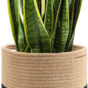 Goodpick Sturdy Jute Rope Plant Basket Modern Woven Basket for 25CM Flower Pot Floor Indoor Planters, 28CM x 28CM Storage Organizer Basket Rustic Home Decor, Black and Beige Stripes