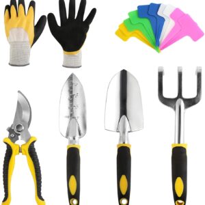 BelleStyle Garden Tools Set, 5 Piece Gardening Kit Stainless Steel Heavy Duty Indoor and Outdoor Hand Planting Kit with Plant Labels, Gloves, Pruner, Rake, Transplant Trowel and Trowel for Gardener