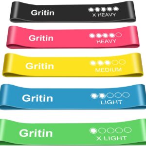 Gritin Resistance Bands, [Set of 5] Skin-Friendly Resistance Fitness Exercise Loop Bands with 5 Different Resistance Levels - Free Carrying Case Included - Ideal for Home, Gym, Yoga, Training