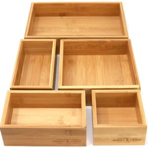 5-Piece Bamboo Drawer Organiser | Set of 5 Durable Wood Storage Boxes | Assorted Sizes | Versatile and Configurable | Home Storage Solution | M&W