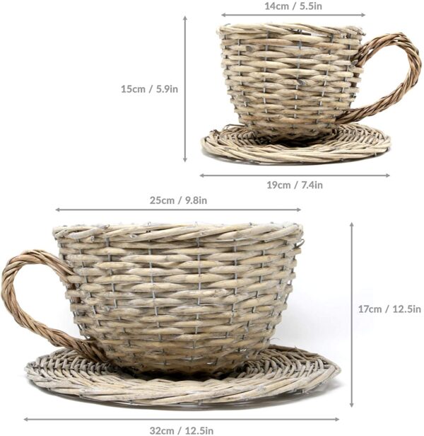 Set of 2 Willow Teacup Planters | Cup and Saucer Plant Pots | Basket Weave Watertight Flower Containers | Perfect Gift | M&W