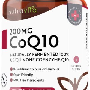 Co Enzyme Q10 200mg - 100% Pure and Naturally Fermented Ubiquinone - 120 Vegan Capsules of High Strength CoQ10 (4 Months Supply) - Made in The UK by Nutravita