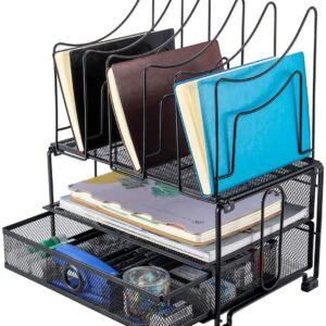 EasyPAG Desktop Mesh Desk Tidy Versatile A4 File Sorter Magazine Holder Folder Storage Filing Tray with Stationery Organiser Drawer,Black