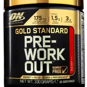 Optimum Nutrition Gold Standard Pre Workout Powder, Energy Drink with Creatine Monohydrate, Beta Alanine, Caffeine and Vitamin B Complex, Fruit Punch, 30 Servings, 330 g, Packaging May Vary