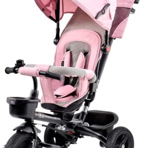 Kinderkraft Tricycle Aveo, Baby Push Trike, Kids First Bike, Pushchair, Free Wheel Functions, with Sun Canopy, Parent Handle, Footrest, Accessories, Bag, Cup Holder, from 9 Months to 5 Years, Pink