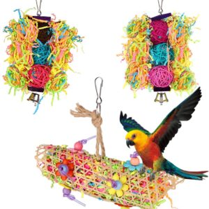 VavoPaw Bird Toys, 3 Pieces Hanging Bird Parrot Chew Pecking Chewing Toy Cage Accessories Set Nest Perch With Wooden Ratten Balls Bells Paper Slips for Budgie Lovebirds Conures Parakeet - Colorful