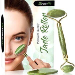 Best Jade Roller & Gua Sha Scrapping Tool Set by BRANFIT - Ultimate Skin Care Solution for Anti-Aging & Anti-Wrinkle - 100% Natural Jade Stone Face Roller is also Perfect as Neck & Puffy Eyes Massager