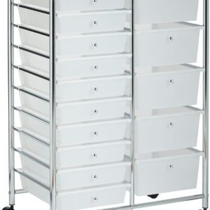 VonHaus 15 Drawer Plastic Storage Trolley with Wheels, Multipurpose Rolling Cart Drawers, Unit for Home Office Stationery Organisation, Crafts, Salon, Make-up, Hairdressing, Beauty - Mobile Design with 10 Tier Shelving – White