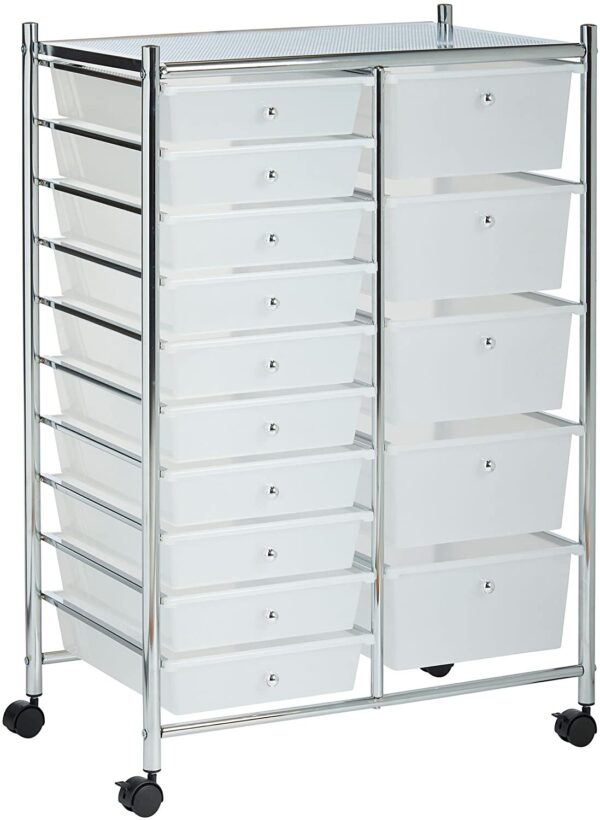 VonHaus 15 Drawer Plastic Storage Trolley with Wheels, Multipurpose Rolling Cart Drawers, Unit for Home Office Stationery Organisation, Crafts, Salon, Make-up, Hairdressing, Beauty - Mobile Design with 10 Tier Shelving – White