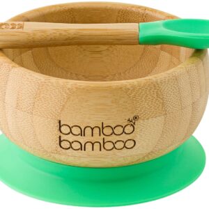 Baby Suction Bowl and Matching Spoon Set, Suction Stay Put Feeding Bowl, Natural Bamboo (Green)