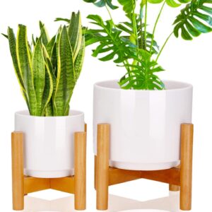 HFHOME Set of 2 Mid-Century Modern Ceramic Plant Stand with 18cm & 12cm Diameter Plant Pots Indoor, Round White Standing Planters with Drainage and Plug, Outdoor White Garden Cactus Planters