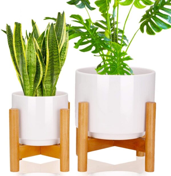 HFHOME Set of 2 Mid-Century Modern Ceramic Plant Stand with 18cm & 12cm Diameter Plant Pots Indoor, Round White Standing Planters with Drainage and Plug, Outdoor White Garden Cactus Planters