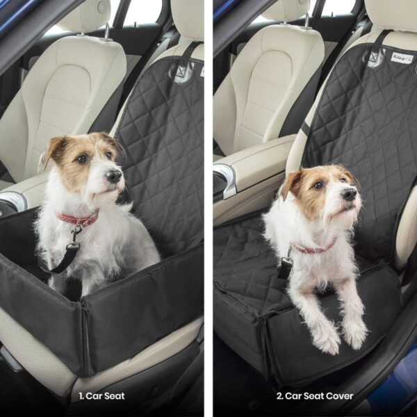 Dog Car Seat Cover with FREE Pet Seat Belt MuttStuff & Co Waterproof Covers (2-in-1) Fold Down Flaps for Full Front Coverage or Small Basket Hammock w/ Sturdy Walls | Travel Accessories