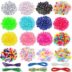 umorismo 1500 Pcs Charms & Beads Kit Multicolor Letter Alphabet ABC Beads Pony Beads Flower Star Beads with 6 Roll Colored Elastic String Cord for Jewelry Making DIY Craft Bracelet Necklace Handmade