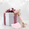 Arclogy Rose Quartz Jade Roller and Gua Sha Scraper Set UK Design Beauty Tool, Anti Ageing, Neck Massage, Natural Green Slimming Massager