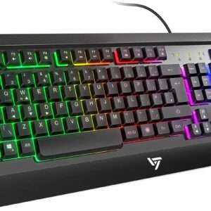 Gaming Keyboard UK, VicTsing Ultra-Slim All-Metal Frame USB Wired Keyboard with Comfortable Wrist Rest, Rainbow LED, 12 Multimedia Shortcut Keys, 19-Key Anti-Ghosting Easy Connect to Laptop, PC etc.