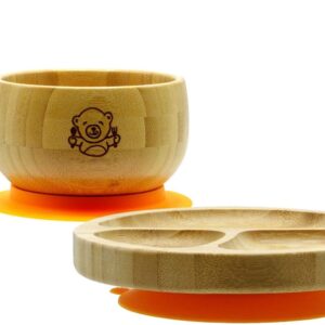 Bubba Bear ® Baby Bamboo Suction Bowl, Plate & Spoon Set | Stay Put Toddler Led Feeding Bowls & Plates | Free Guide to Weaning