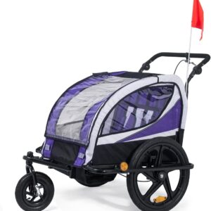 SAMAX Children Bike Trailer 2in1 Kids Jogger Stroller with Suspension 360° rotatable Childs Bicycle Trailer Transport Buggy Carrier for 2 Kids in Purple - Black Frame