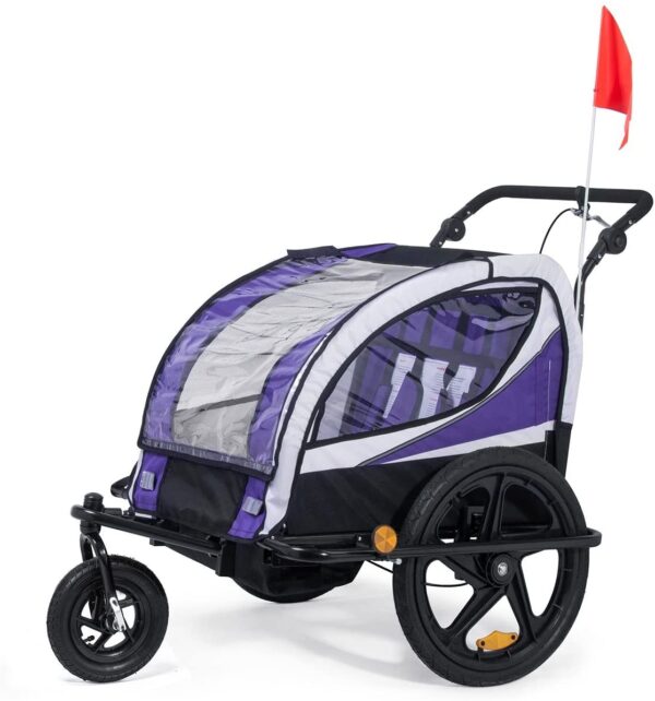 SAMAX Children Bike Trailer 2in1 Kids Jogger Stroller with Suspension 360° rotatable Childs Bicycle Trailer Transport Buggy Carrier for 2 Kids in Purple - Black Frame
