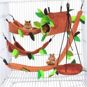 Hamster Hammock Rat Bird Parrot Hanging Warm Bed House Cage Nest Accessories Forest Pattern Cage Toy Leaf Hanging Tunnel and Swing for Sugar Glider Squirrel Hamster Playing Sleeping Pack of 5