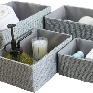 La Jolíe Muse Storage Baskets Set 4 - Stackable Woven Basket Paper Rope Bin, Storage Boxes for Makeup Closet Bathroom Bedroom, Grey