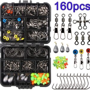 160pcs/box Fishing Accessories Kit, Including Jig Hooks, Bullet Bass Casting Sinker Weights, Different Fishing Swivels Snaps, Sinker Slides, Fishing Line Beads, Fishing Set with Tackle Box