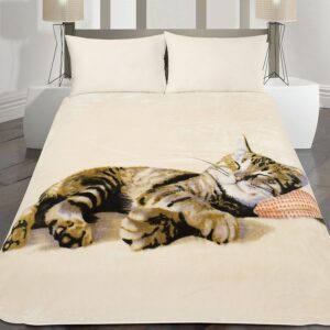 Dreamscene Large Animal Faux Fur Mink Warm Bed Blanket Throw Kitten 150 x 200, 100% Polyester, Cream-Brown Sleeping Cat, 150 X 200cm